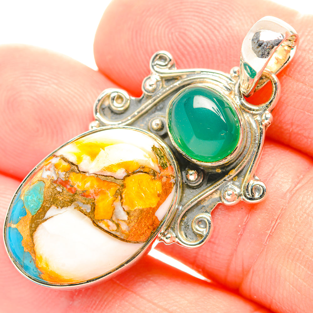Sterling silver pendant with green teardrop center and oval orange-blue stone inlay