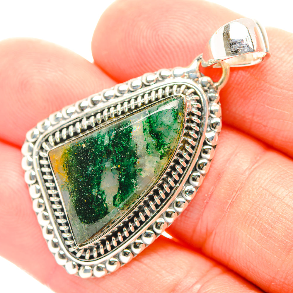 Sterling silver green aventurine triangular pendant with ornate bezel and bail
