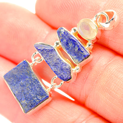 925 sterling silver pendant with rough blue lapis rectangle and pale moonstone accents