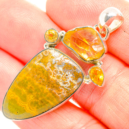 Jasper and citrine pendant in sterling silver, teardrop and two round yellow stones