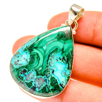 Malachite and chrysocolla pendant with teardrop green-blue stone in silver bezel