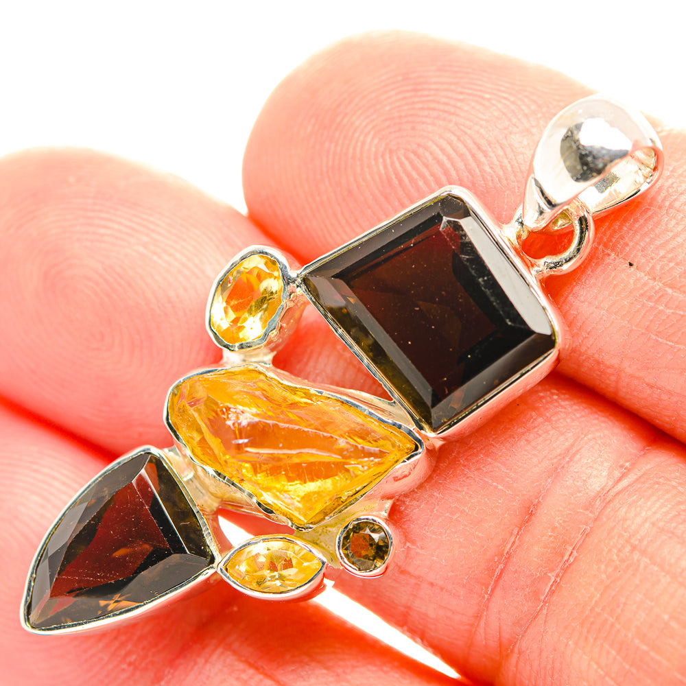Sterling silver pendant with rectangular smoky quartz and amber citrine accents