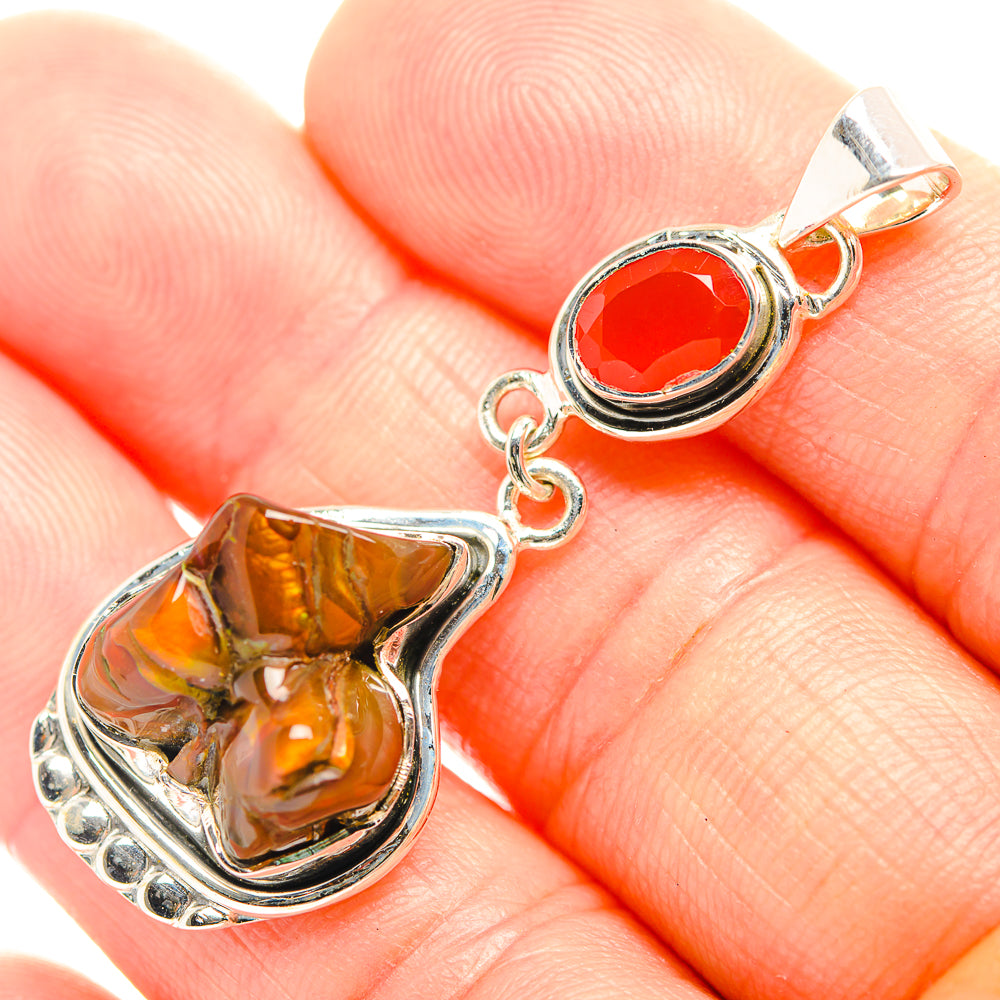 925 sterling silver pendant with red round cabochon and amber teardrop gemstone