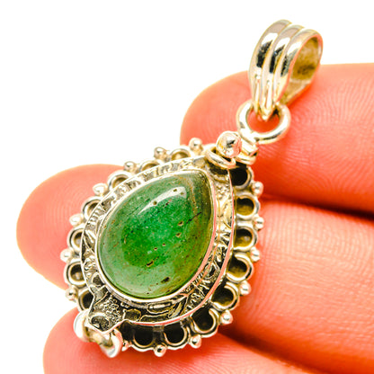 Green aventurine teardrop pendant in ornate 925 sterling silver setting, top bail