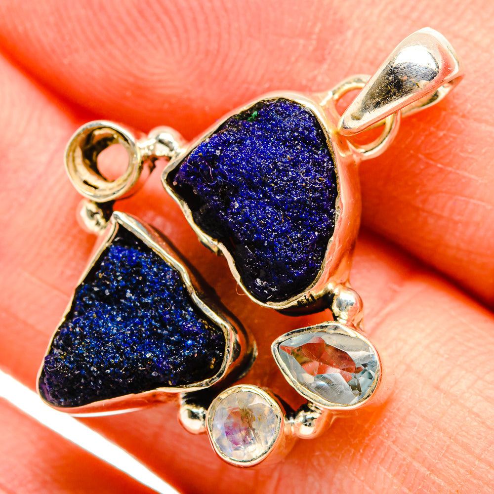 925 sterling silver pendant with two rough blue druzy stones, clear round stones, loop bail