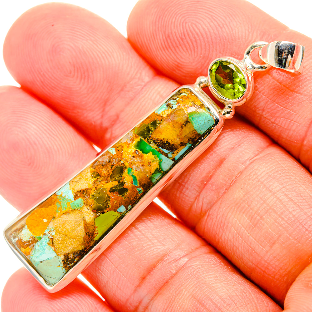 Sterling silver bar pendant with turquoise-copper mosaic and round green peridot accents