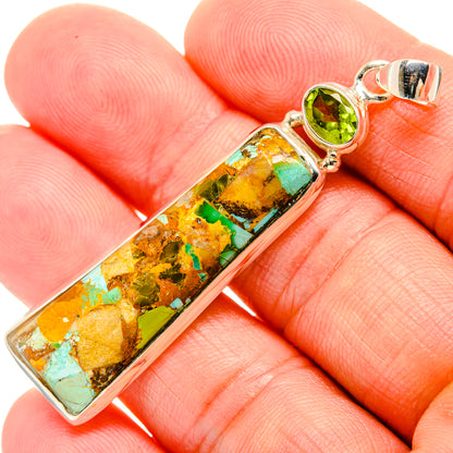 Sterling silver bar pendant with turquoise-copper mosaic and round green peridot accents