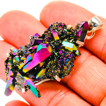 Rainbow druzy pendant close-up on silver bail, multicolor iridescent crystal shards