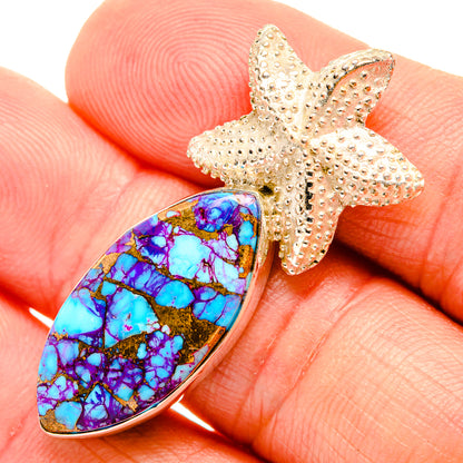 Turquoise pendant teardrop with textured starfish top in sterling silver, close-up