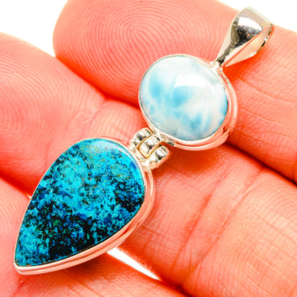 Teardrop shattuckite and round larimar sterling silver pendant in two-tone blue