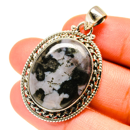 925 sterling silver oval pendant, black-and-white gabbro cabochon in detailed bezel