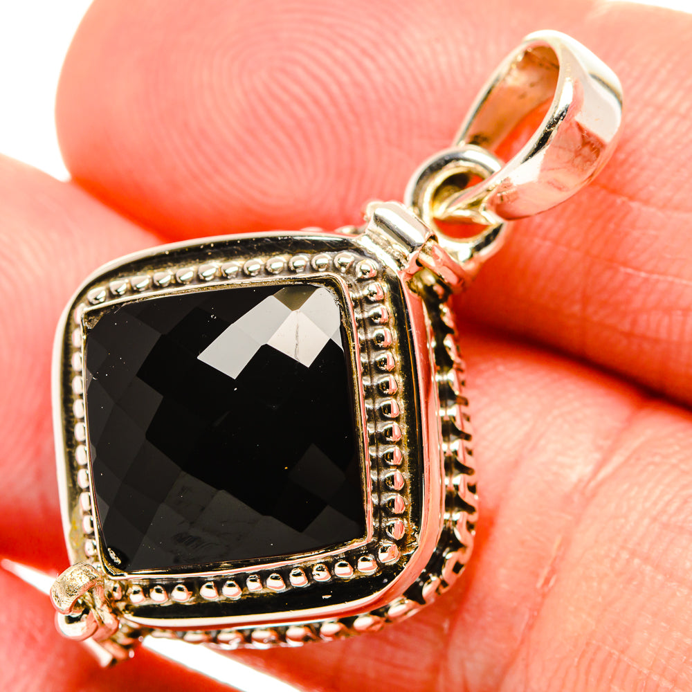 Sterling silver black onyx square pendant with beaded border and loop bail