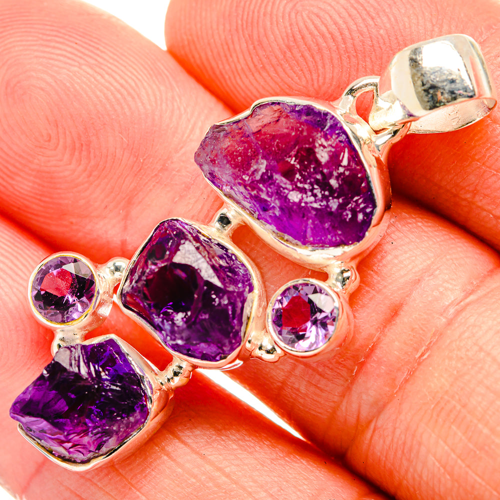 Sterling silver amethyst rough pendant with three purple crystal pieces and small round stones