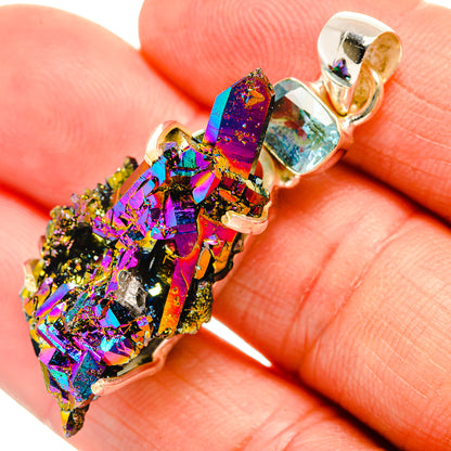Multicolor iridescent druzy pendant with prong-set oval blue-green stone, gold-tone bail