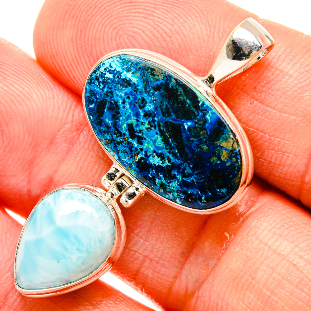 925 sterling silver teardrop pendant with deep blue shattuckite and light blue larimar