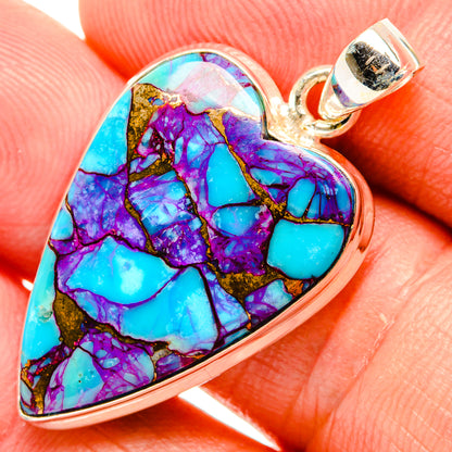 Sterling silver heart pendant with purple and turquoise mosaic inlay, top bail