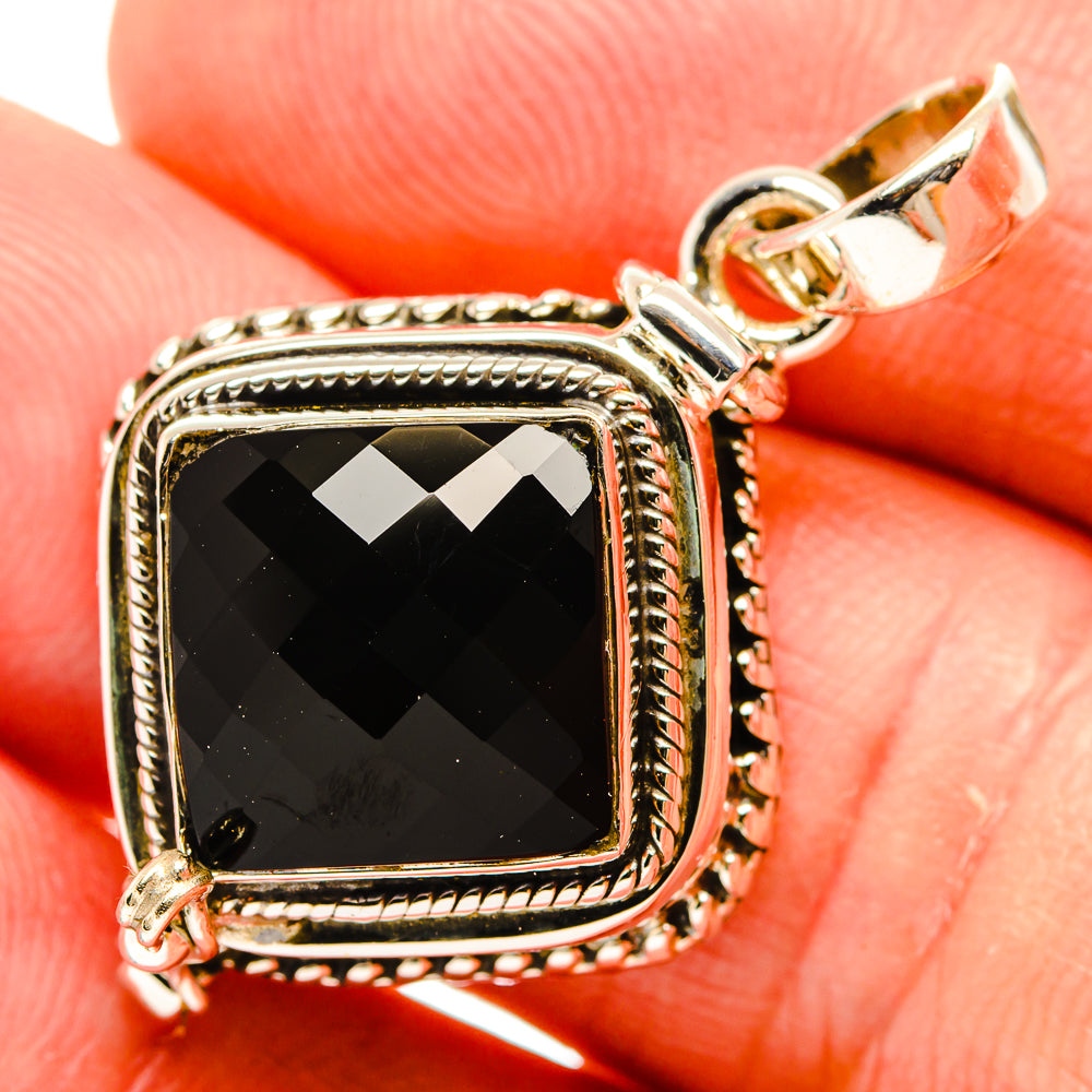 925 sterling silver square black onyx pendant close-up with hinged bail