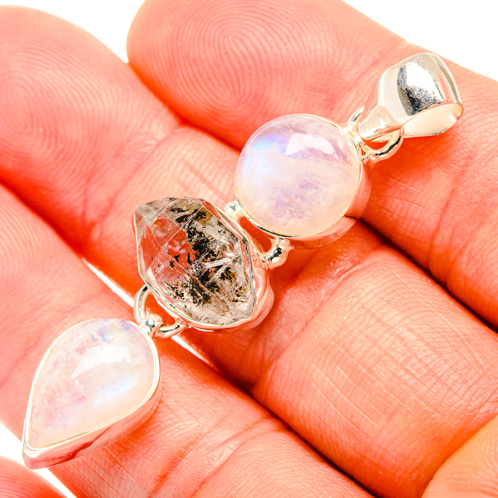 925 sterling silver pendant with round opal, teardrop moonstone, and faceted crystal