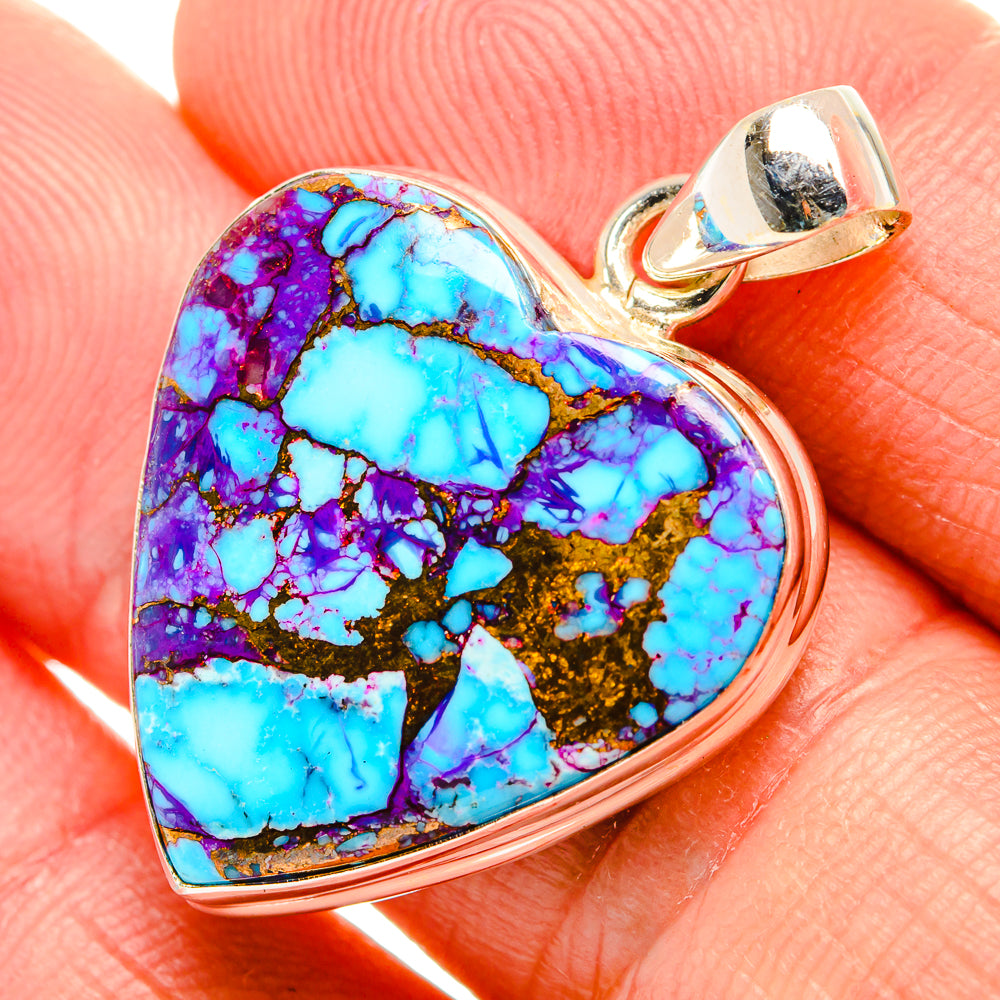 Heart-shaped turquoise pendant with purple and blue stone, 925 sterling silver bail