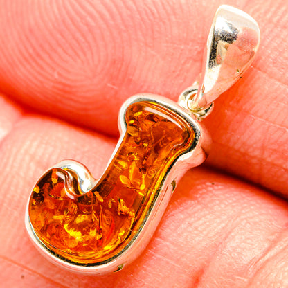 Amber letter J pendant, 925 sterling silver with round bail and warm amber stone