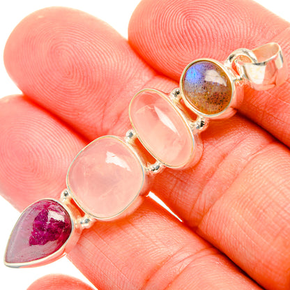 Sterling silver pendant with rose quartz pink ovals and magenta ruby teardrop, blue labradorite