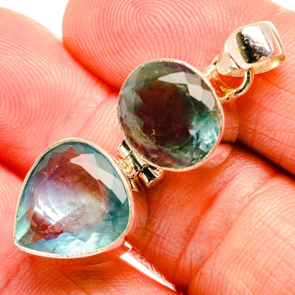 Two-stone green fluorite pendant in 925 sterling silver, round and heart bezels