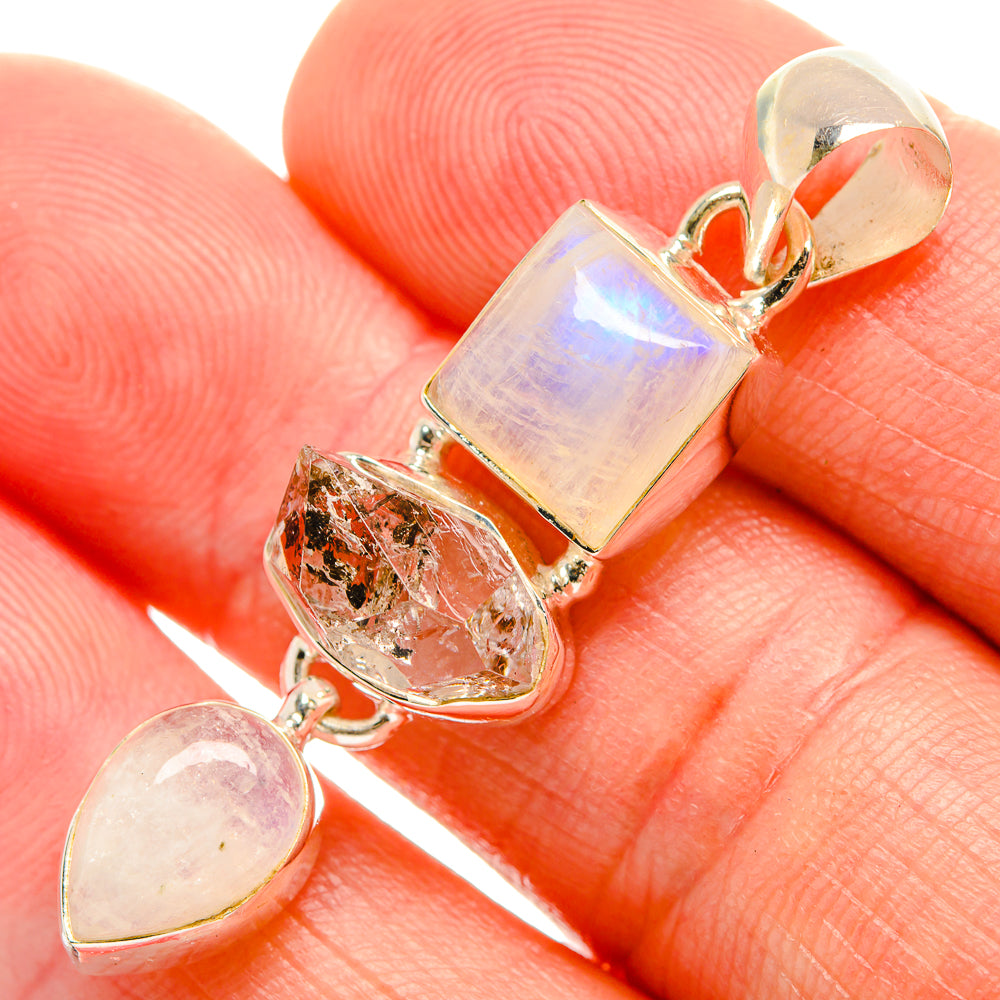 Rainbow moonstone and rough oval stones pendant, 925 sterling silver setting on bail