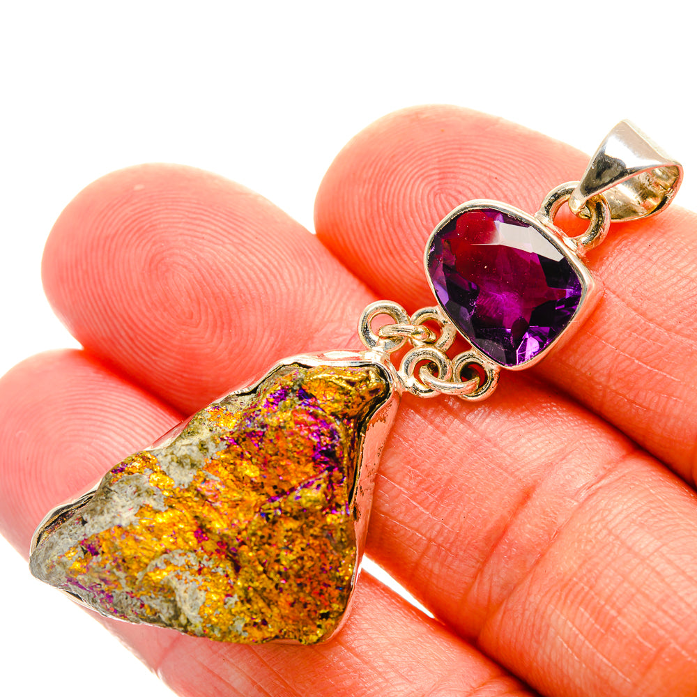 Amethyst drusy pendant with gold-tone bail and oval purple gemstone, sterling silver links