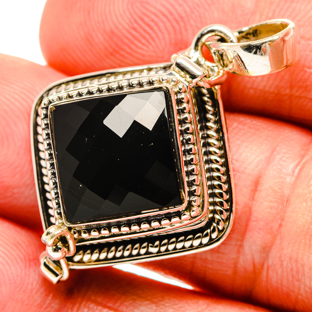 Square black onyx pendant in 925 sterling silver with ornate bezel and side bail