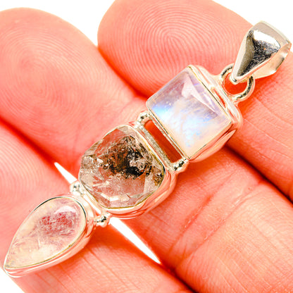 925 sterling silver pendant with opalescent square moonstone and rough crystal charm