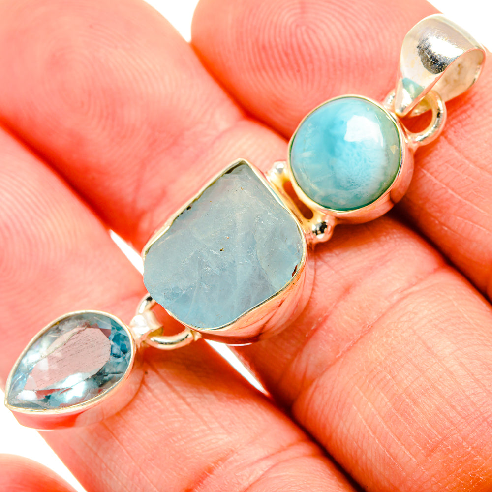 925 sterling silver pendant with blue-green stones: round, teardrop, rough oval