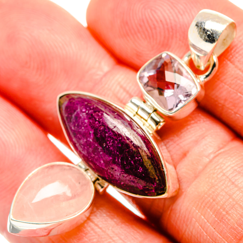 925 silver pendant closeup: purple druzy oval with pale pink drop and clear pink top