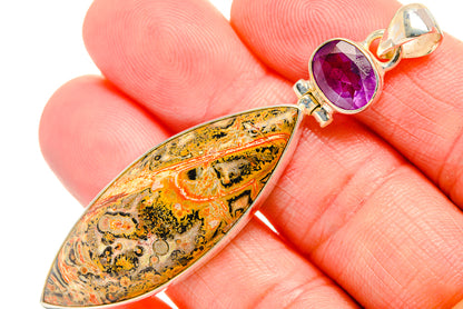 Sterling silver pendant with oval Jasper drop and round purple amethyst stone top