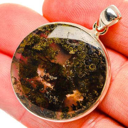 Round plume agate pendant in 925 sterling silver, dark green and copper speckled face