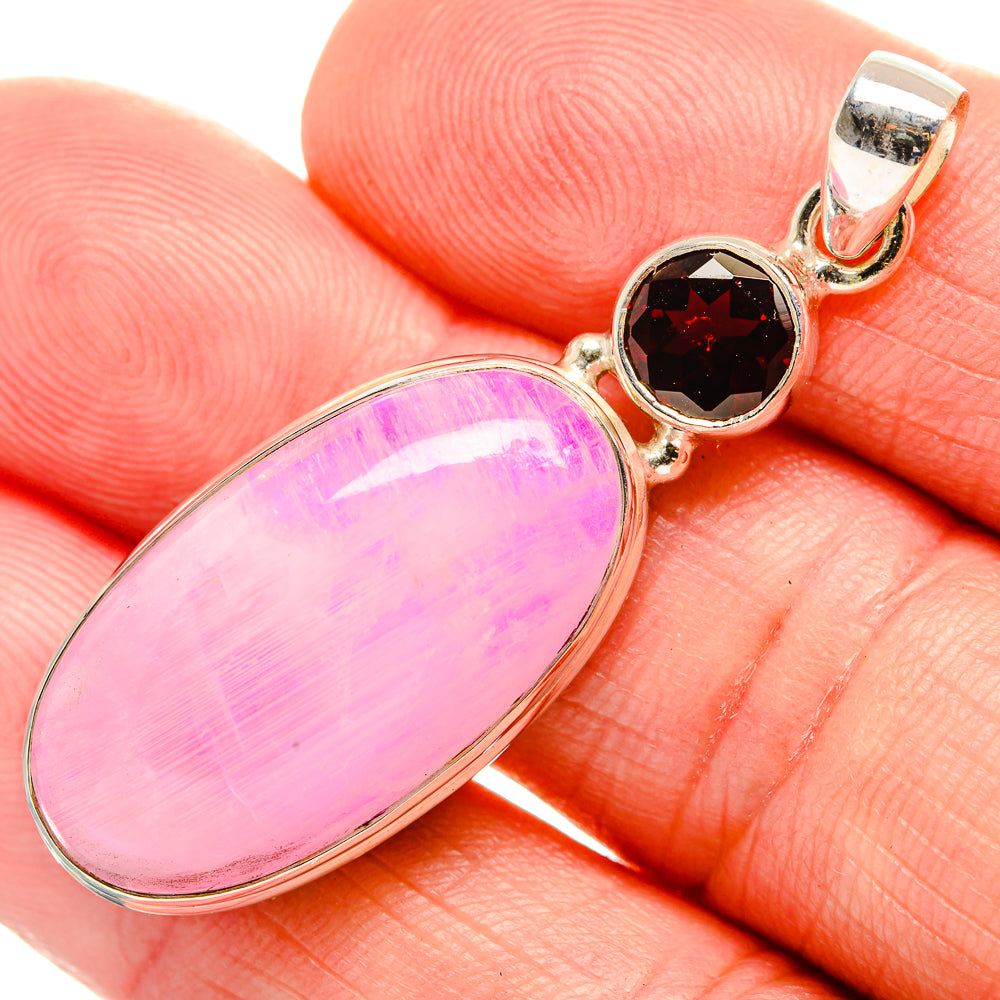 925 sterling silver pendant with oval pink moonstone and round garnet