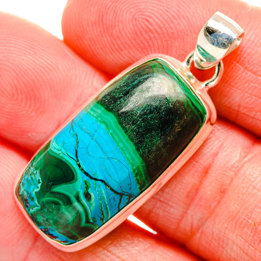 Rectangular green-blue malachite chrysocolla pendant in silver frame with bail