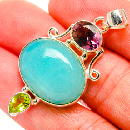 Turquoise oval and purple round gemstone pendant with green teardrop, 925 sterling silver setting