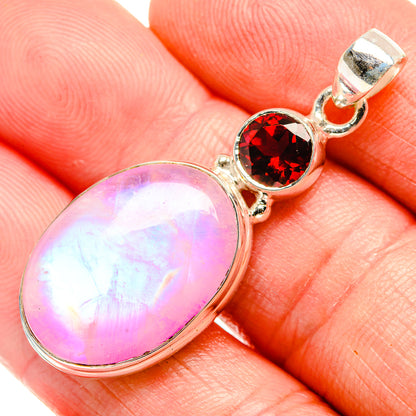 Pink moonstone and garnet pendant (925 sterling silver) with oval opal stone and red center
