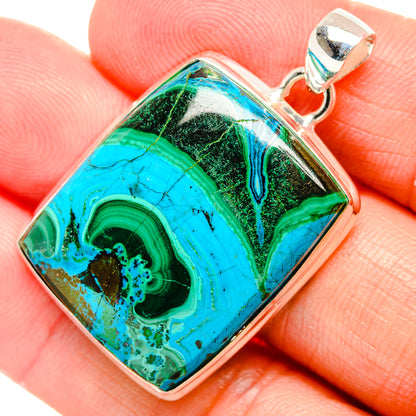 Sterling silver pendant with square malachite-chrysocolla stone, teal and green marbling