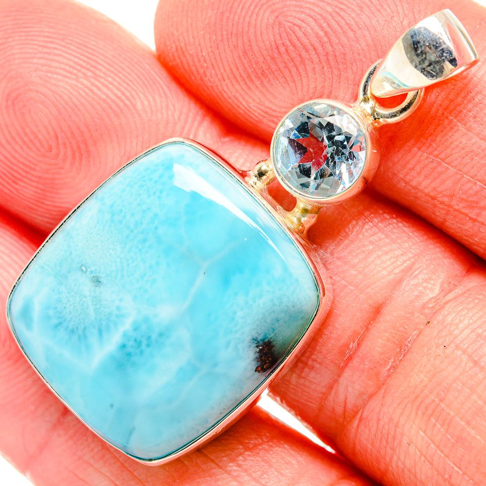 Sterling silver larimar pendant with oval blue gemstone and round blue topaz accent