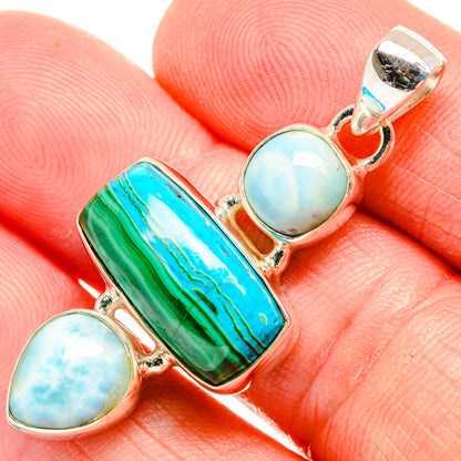 Sterling silver pendant with blue oval Larimar and green malachite rectangular stone