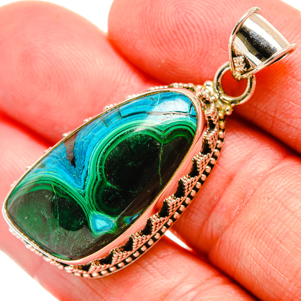 Oval stone pendant with green and turquoise marbling, 925 sterling silver beaded rim