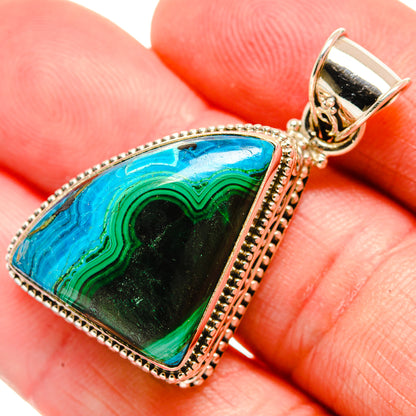 Chrysocolla and malachite teardrop pendant with 925 silver bail and patterned frame