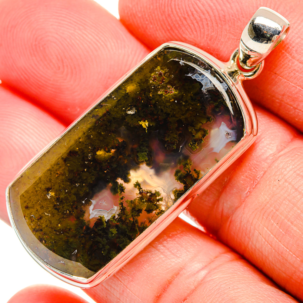 925 sterling silver plume agate pendant, rectangular bezel, gold-brown stone, loop bail