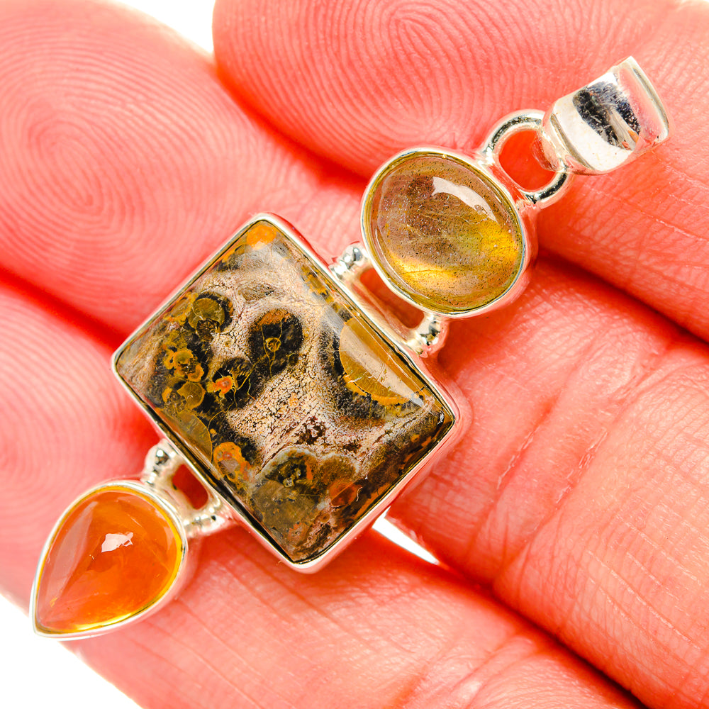 925 sterling silver pendant: rectangular jasper with orange round and teardrop stones