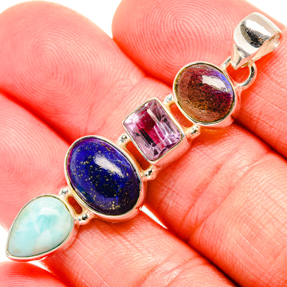 Sterling silver pendant with lapis blue, pink amethyst, teal, and brown labradorite