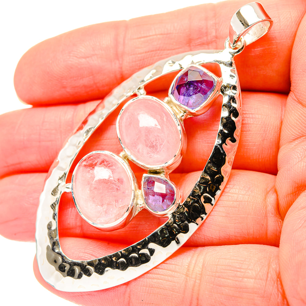 925 sterling silver teardrop pendant with pink rose quartz and purple gemstones