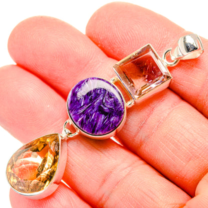 925 sterling silver pendant with round purple gemstone, amber teardrop, and square stone