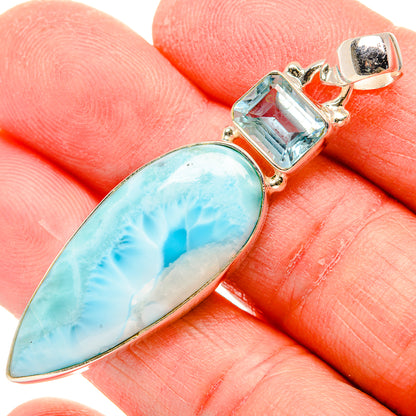 Blue larimar teardrop pendant with square blue topaz bezel in 925 silver setting