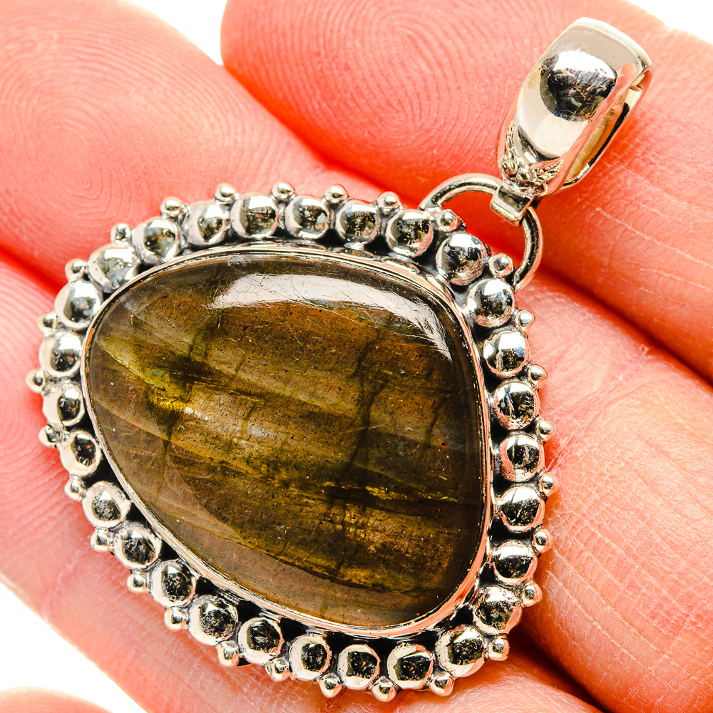 Oval labradorite gemstone pendant, sterling silver beaded halo and loop bail